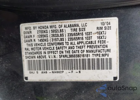 2005 Honda Odyssey Ex-L из США, поврежденный, VIN 5FNRL38665B018181